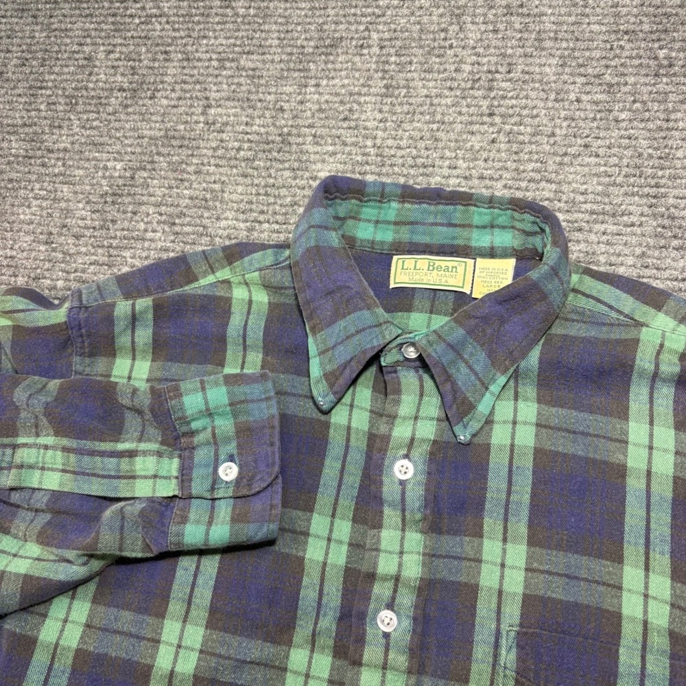 LL Bean Flannel Shirt Mens Large Green Navy Blue Plaid Cotton Made in USA 1653 - Picture 1 of 6